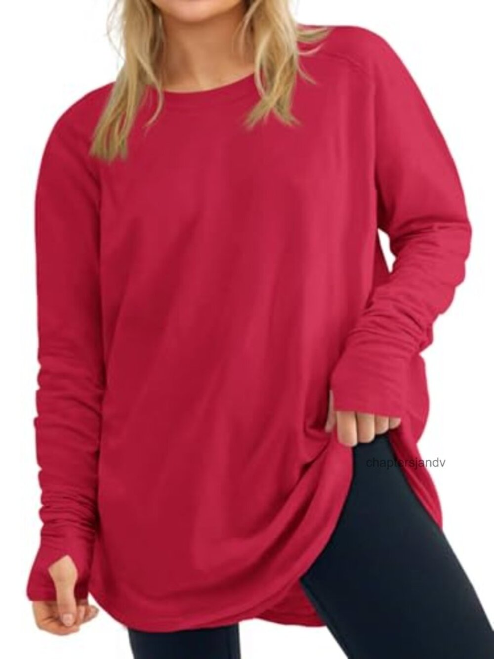 Plus Size Long Sleeve Tunic Top Crew Neck Loose Fit Thumb Hole T-Shirt